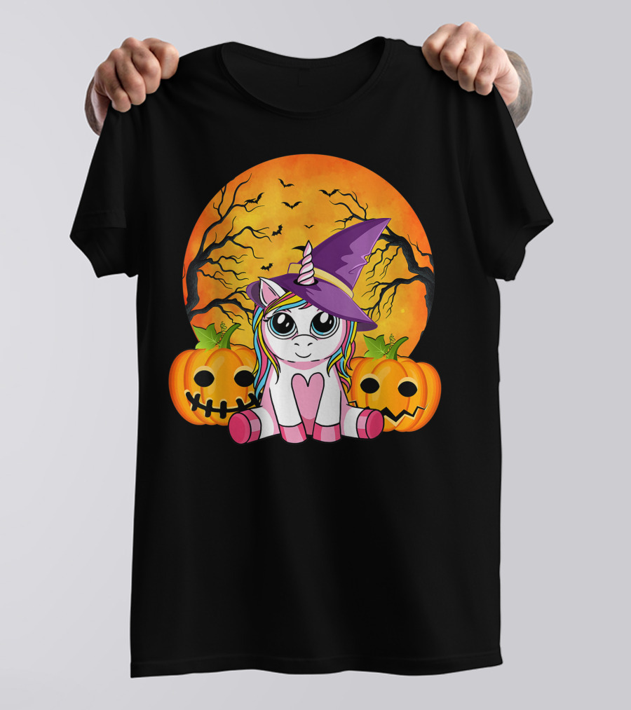 Witchy Unicorn Halloween With Pumpkins And Full Moon T-Shirt