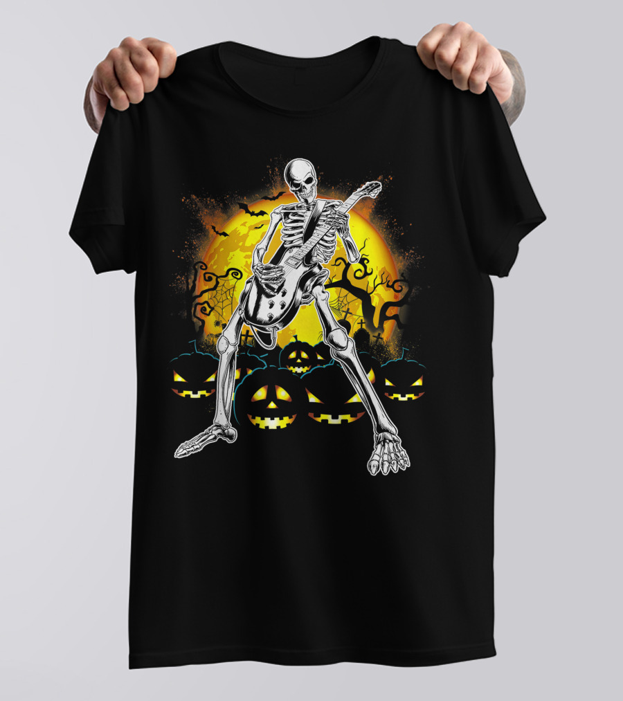 Skeleton Rocking Guitar Halloween Pumpkin Scene T-Shirt