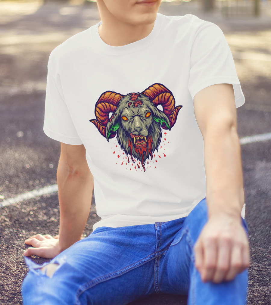Devil Head Horn Gothic Goat With Blood Splatter And Evil Eyes T-Shirt