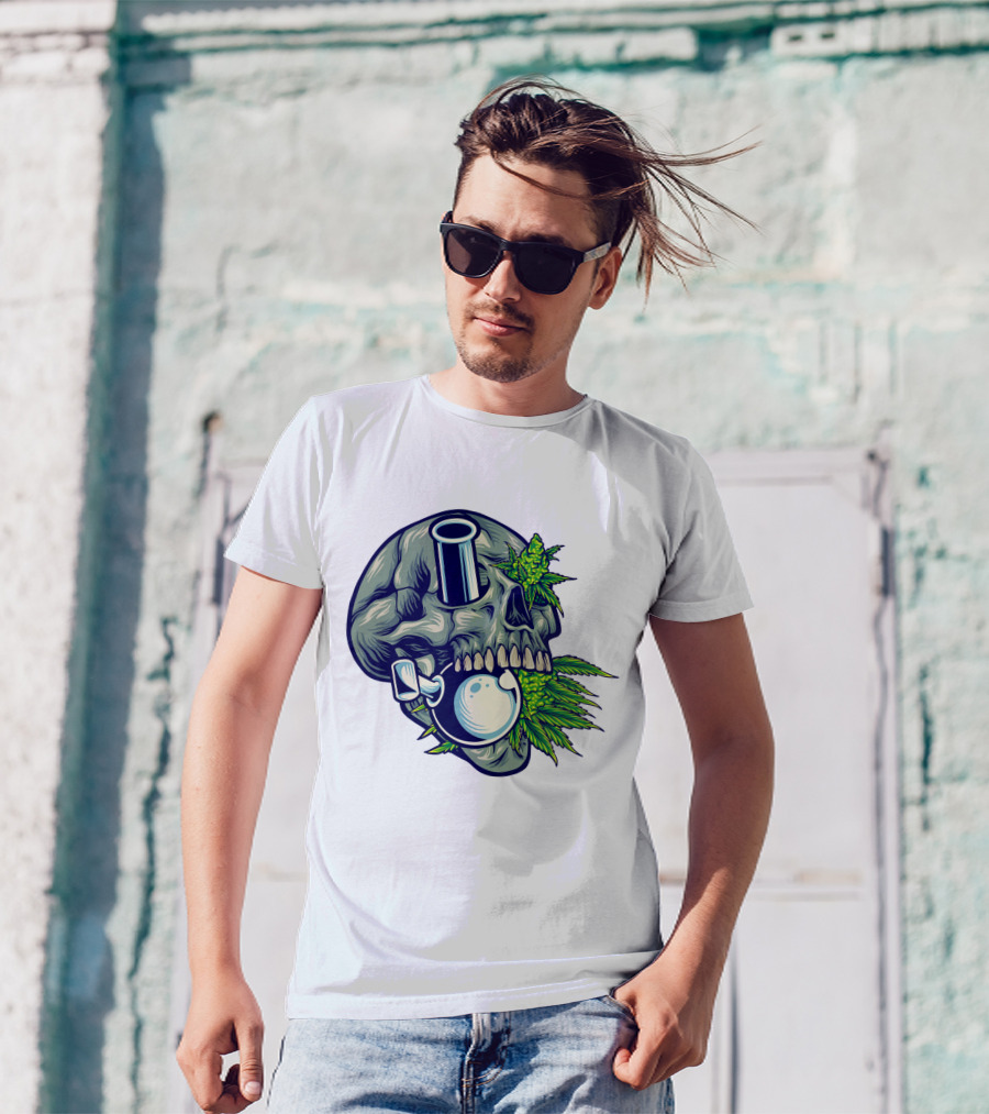 Stone Skull Cannabis Bong With Leaf Accents T-Shirt
