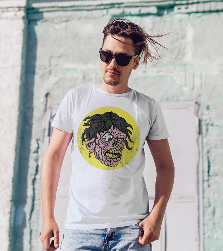 Rebel Zombie Grinning Undead Head With Cross Earring On Yellow Circle T-Shirt