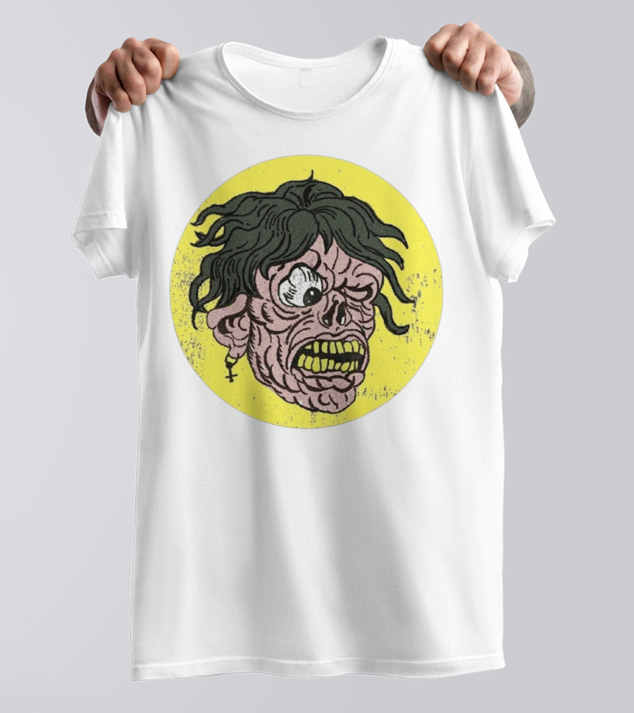 Rebel Zombie Grinning Undead Head With Cross Earring On Yellow Circle T-Shirt