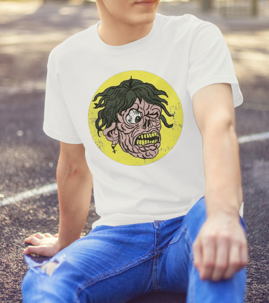 Rebel Zombie Grinning Undead Head With Cross Earring On Yellow Circle T-Shirt