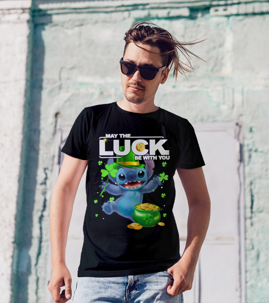 May The Luck Be With You Stitch Pot Of Gold Shamrocks T-Shirt
