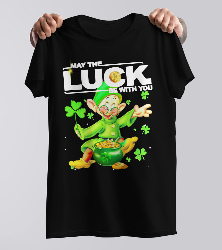 MAY THE LUCK BE WITH YOU Green Leprechaun With Gold Coins And Shamrocks T-Shirt