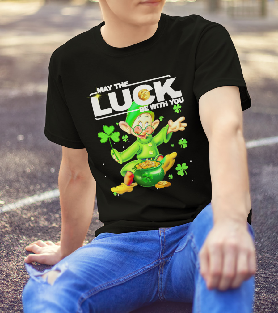 MAY THE LUCK BE WITH YOU Green Leprechaun With Gold Coins And Shamrocks T-Shirt