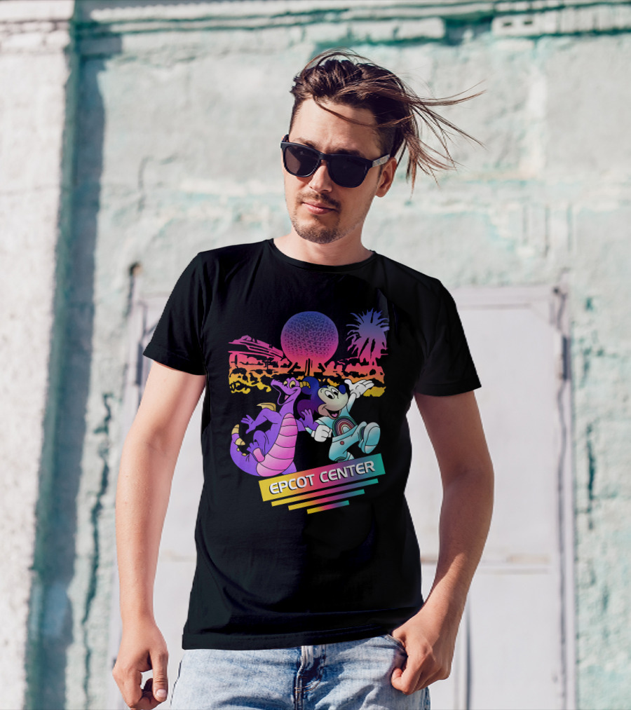 EPCOT CENTER Figment And Mickey Spaceship Earth Retro Spectrum Colors T-Shirt