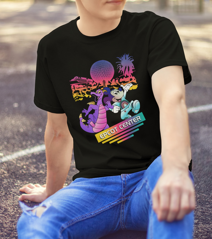 EPCOT CENTER Figment And Mickey Spaceship Earth Retro Spectrum Colors T-Shirt