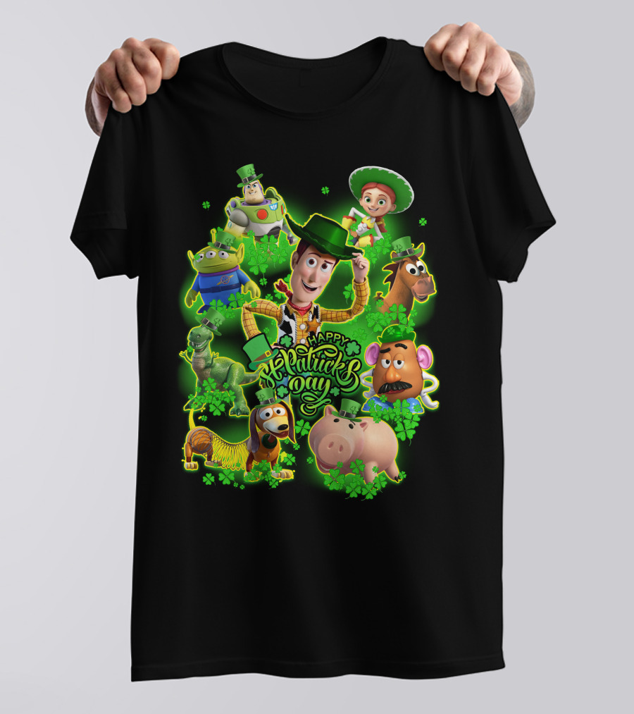 Happy St. Patrick's Day Toy Story Characters In Green Outfits With Shamrocks T-Shirt