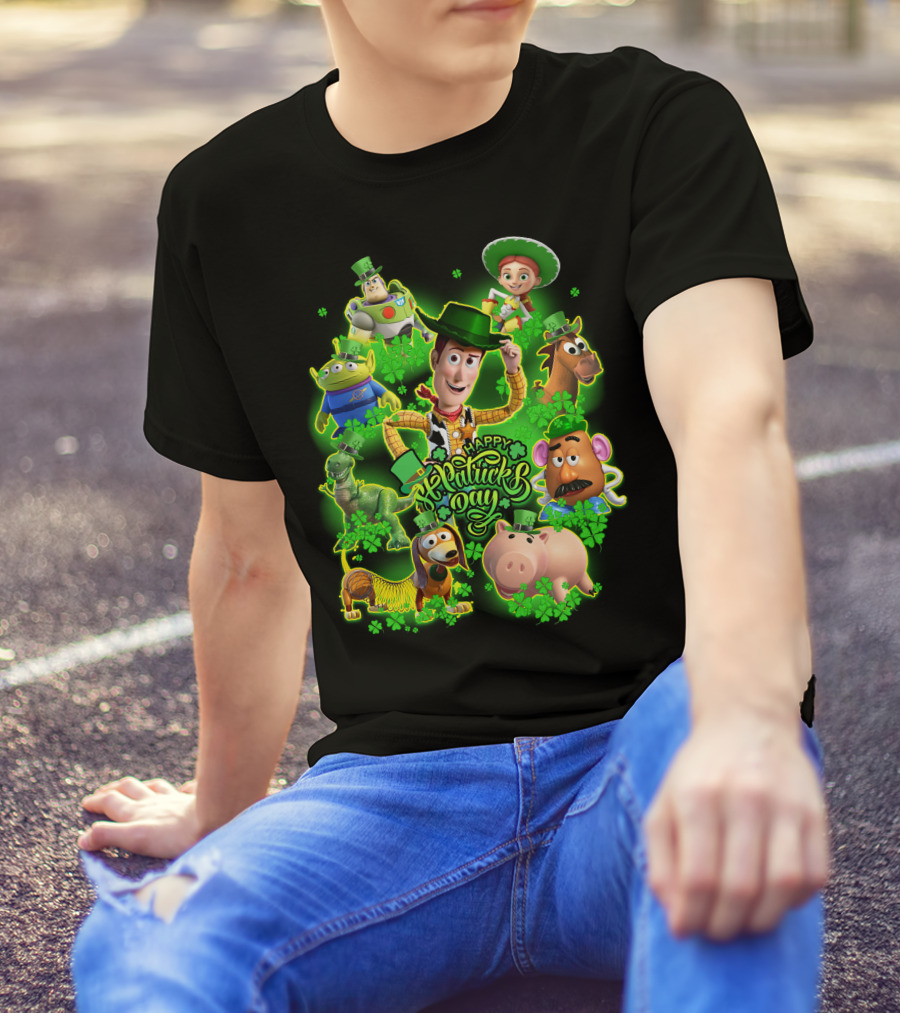 Happy St. Patrick's Day Toy Story Characters In Green Outfits With Shamrocks T-Shirt