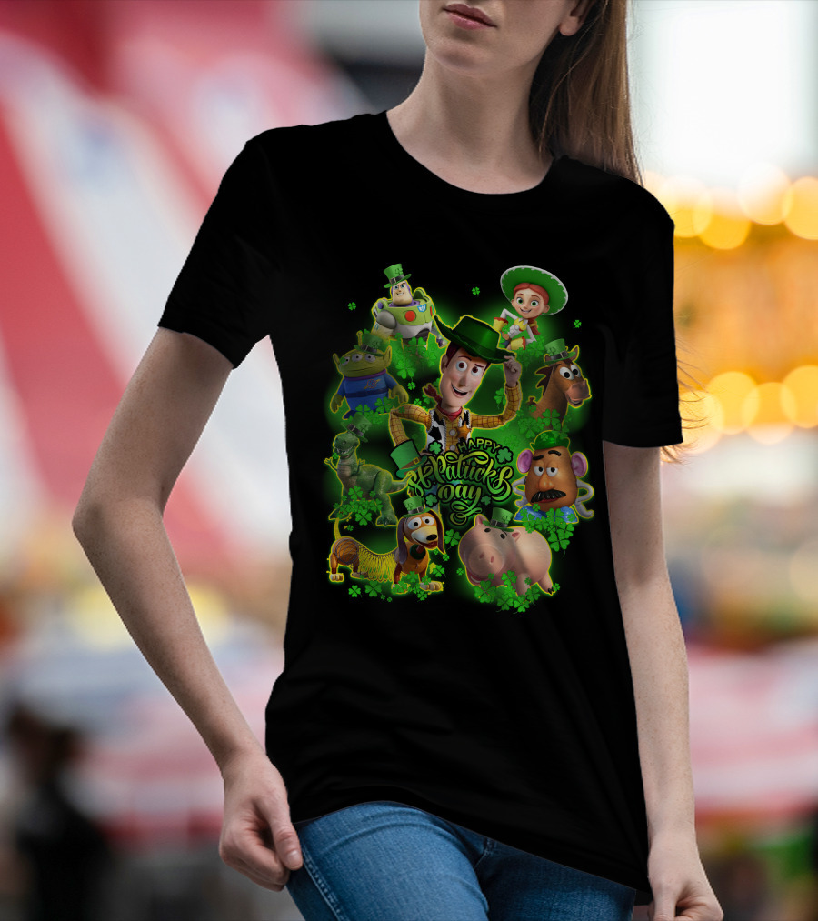 Happy St. Patrick's Day Toy Story Characters In Green Outfits With Shamrocks T-Shirt