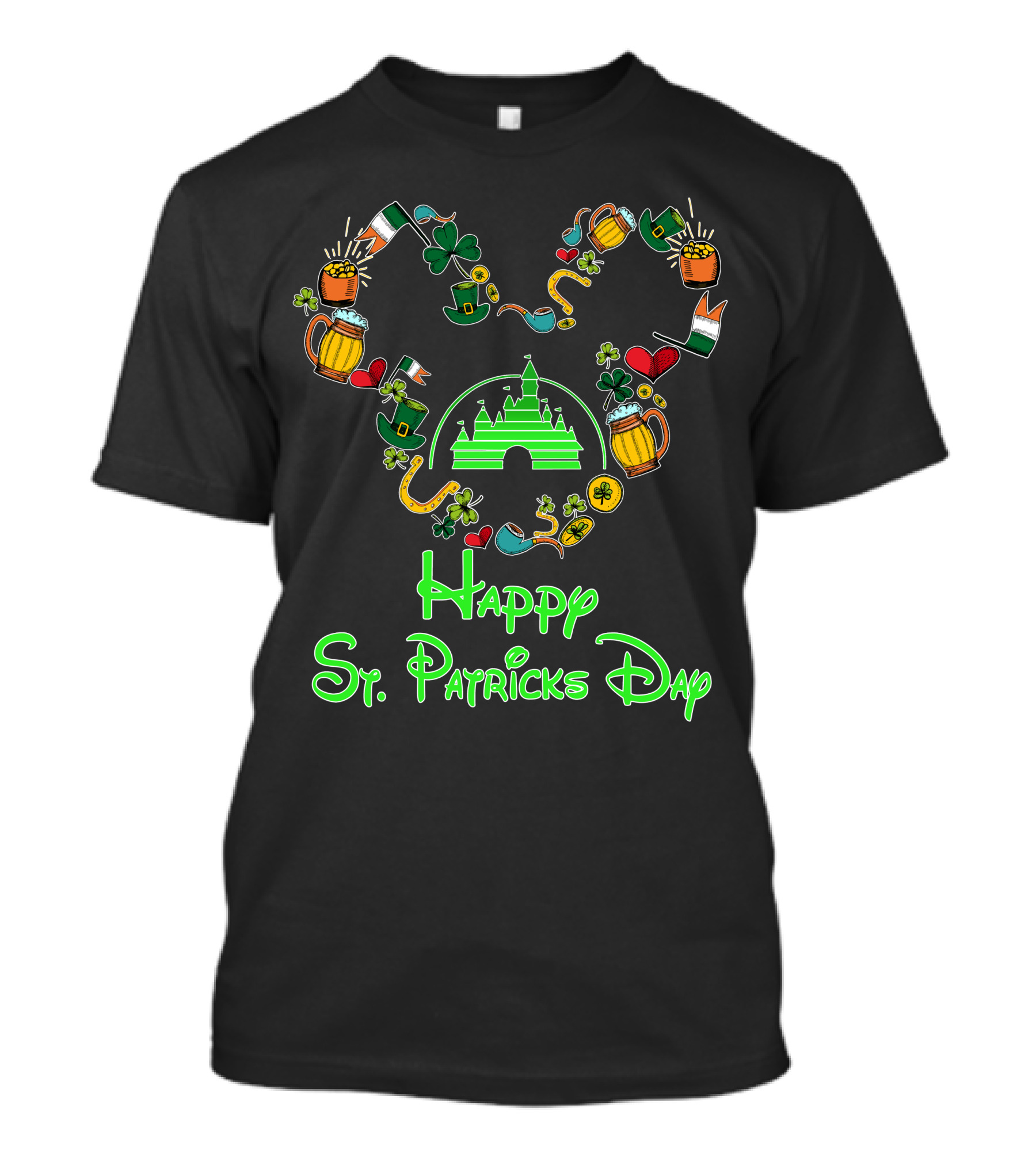 Happy St. Patrick's Day Disney Castle With Shamrock And Beer Icons T-Shirt
