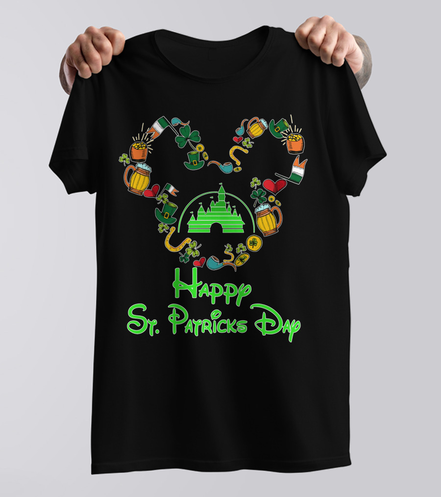 Happy St. Patrick's Day Disney Castle With Shamrock And Beer Icons T-Shirt