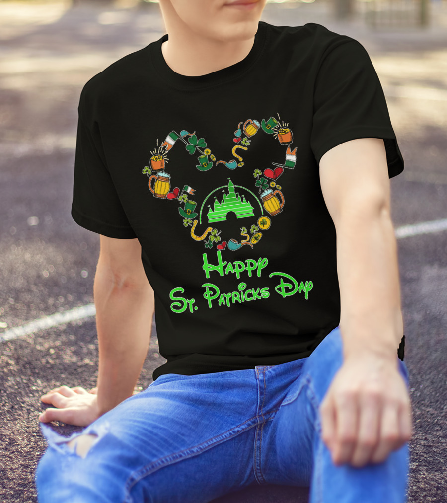 Happy St. Patrick's Day Disney Castle With Shamrock And Beer Icons T-Shirt