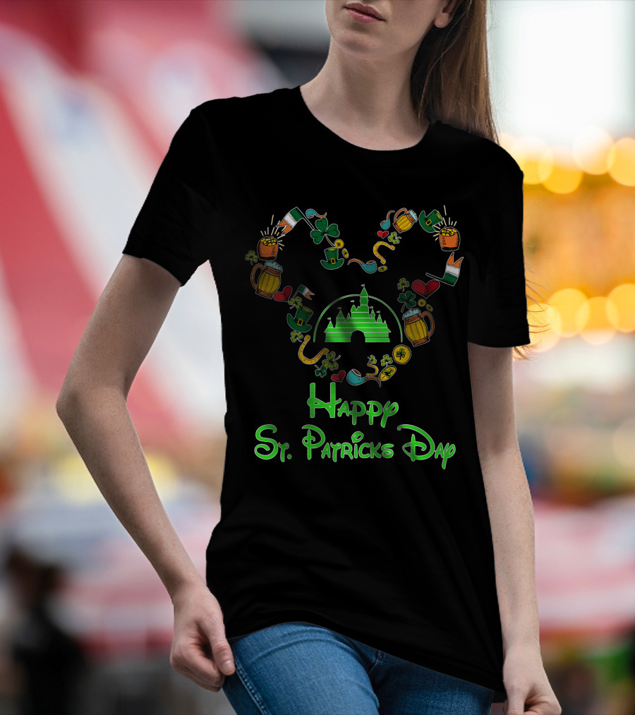Happy St. Patrick's Day Disney Castle With Shamrock And Beer Icons T-Shirt