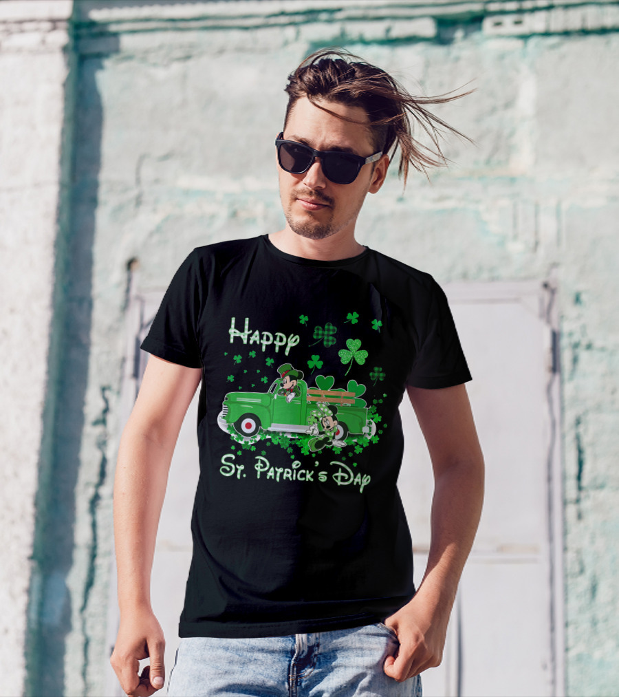 Happy St. Patrick's Day Mickey Mouse Green Truck Shamrocks T-Shirt