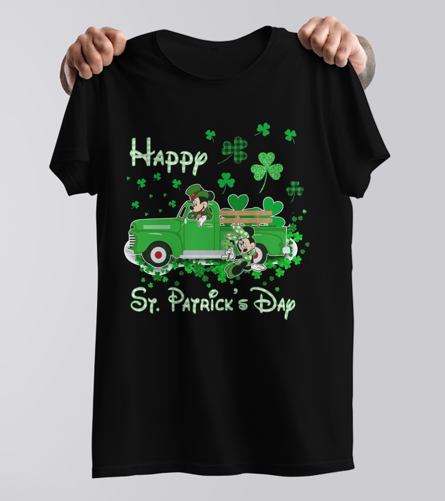 Happy St. Patrick's Day Mickey Mouse Green Truck Shamrocks T-Shirt
