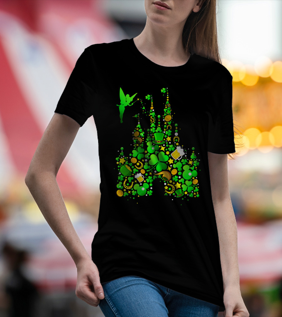 Disney Castle St. Patrick's Day Tinkerbell Leprechaun Hat Clover Coins Beer T-Shirt