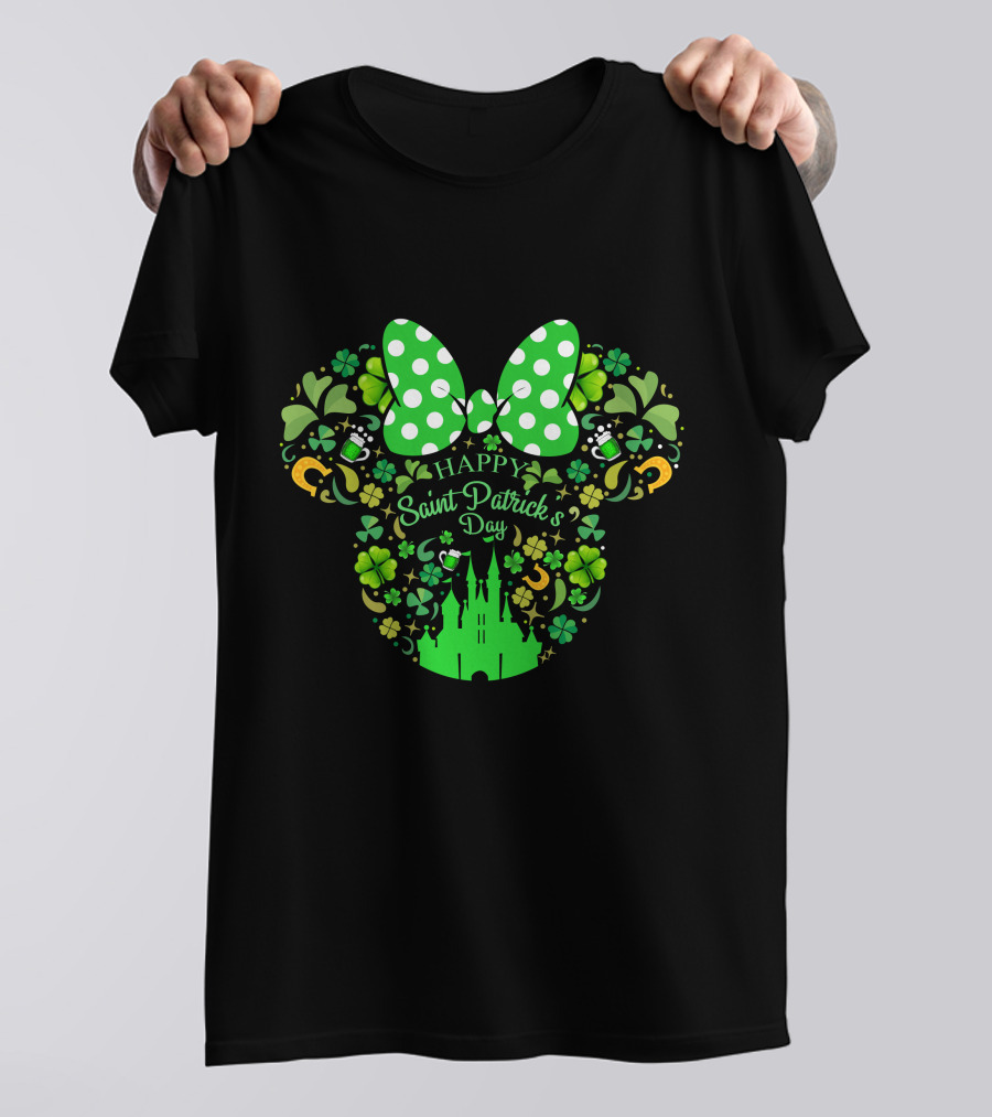 Minnie Mouse Happy Saint Patrick's Day With Shamrocks And Castle T-Shirt