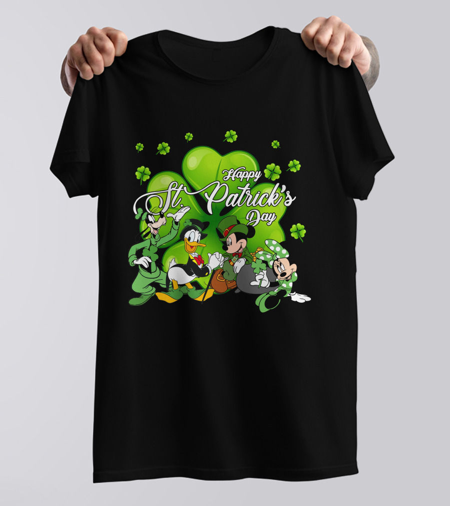 Happy St. Patrick's Day Mickey Mouse Donald Duck Goofy Minnie Mouse With Shamrocks T-Shirt