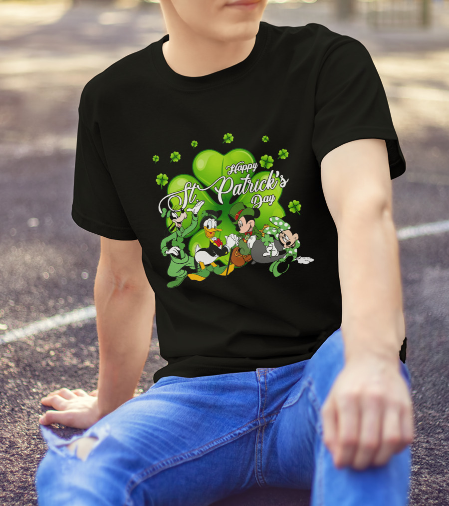 Happy St. Patrick's Day Mickey Mouse Donald Duck Goofy Minnie Mouse With Shamrocks T-Shirt