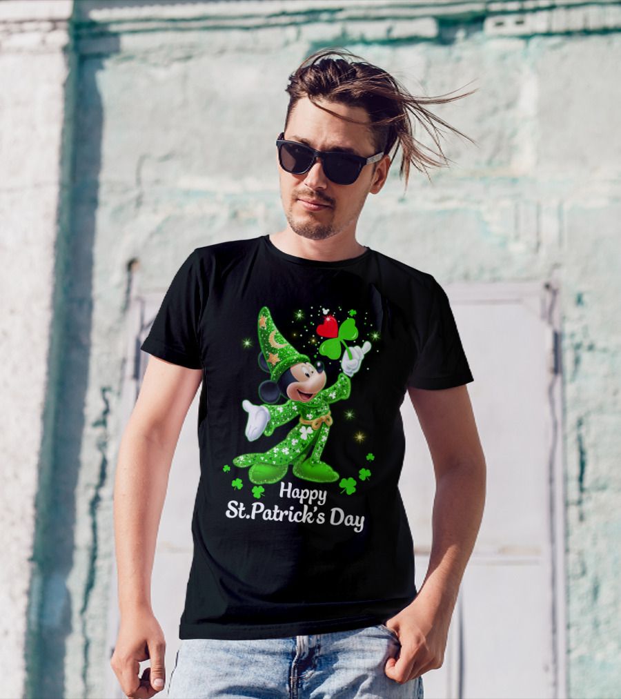 Happy St. Patrick's Day Mickey In Green Wizard Cloak With Clover Magic T-Shirt