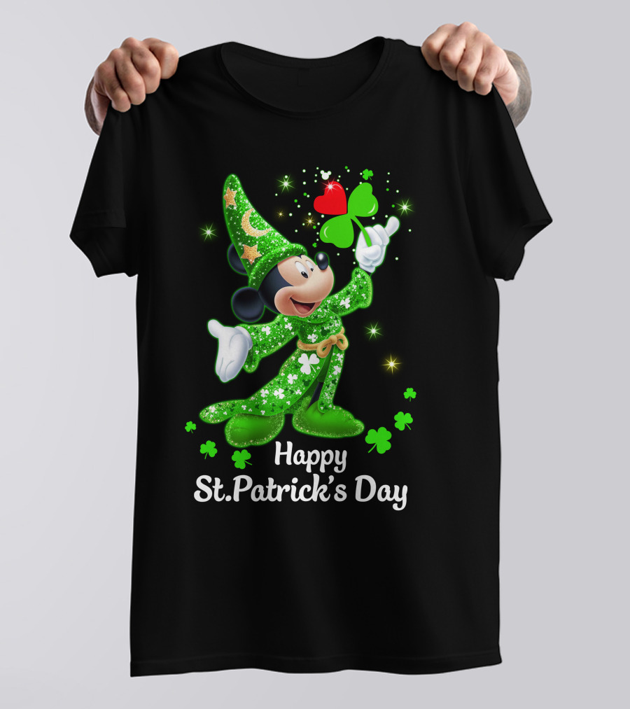 Happy St. Patrick's Day Mickey In Green Wizard Cloak With Clover Magic T-Shirt