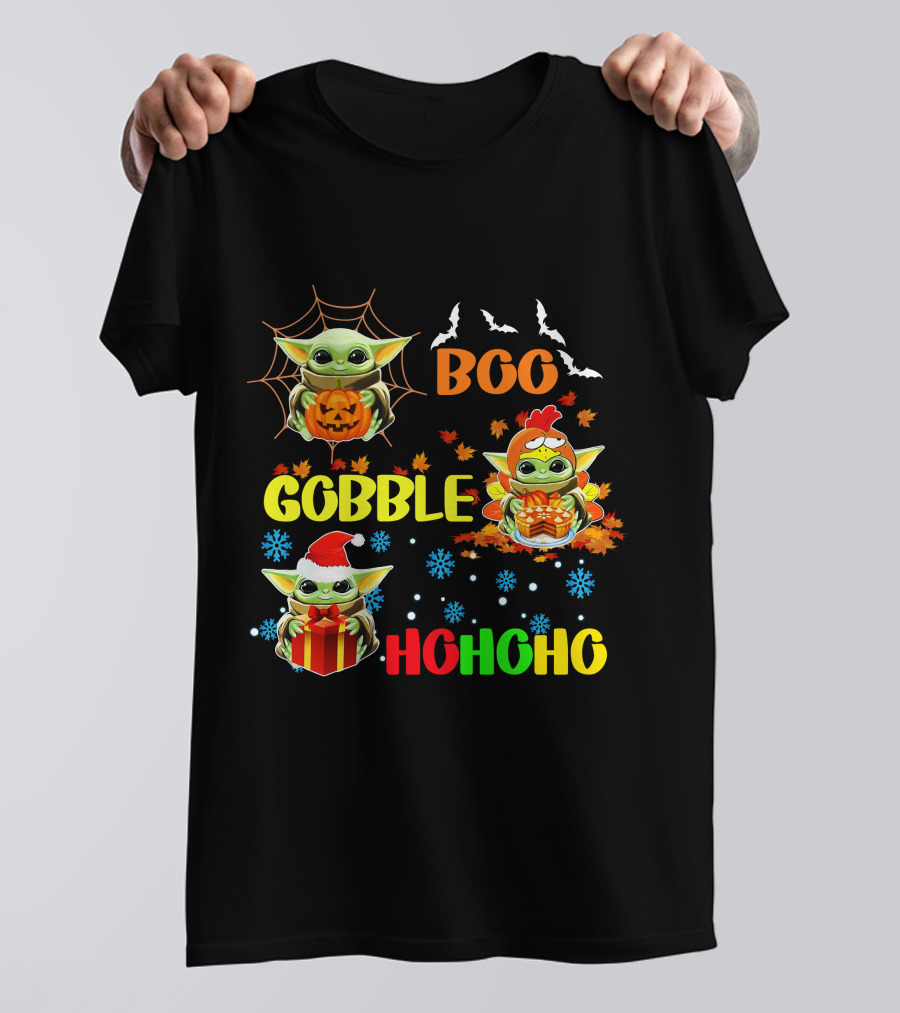 Baby Yoda Boo Gobble HoHoHo HalloThanksMas T-Shirt