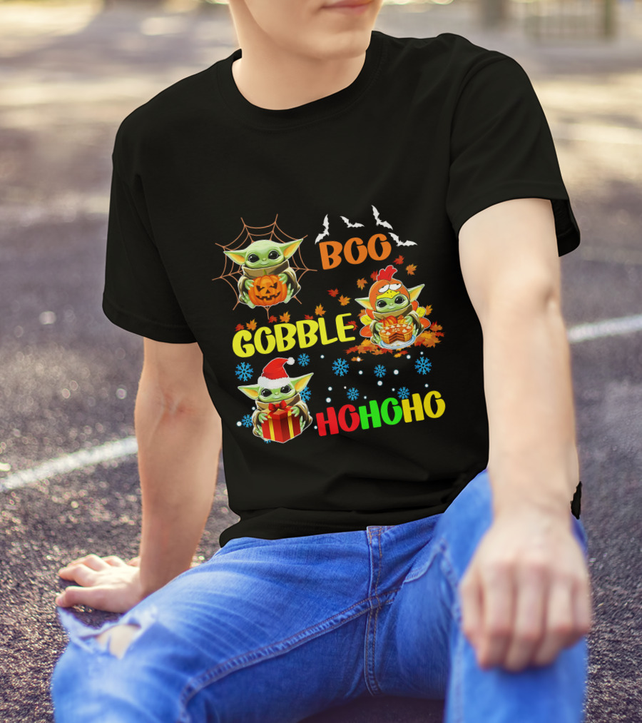 Baby Yoda Boo Gobble HoHoHo HalloThanksMas T-Shirt