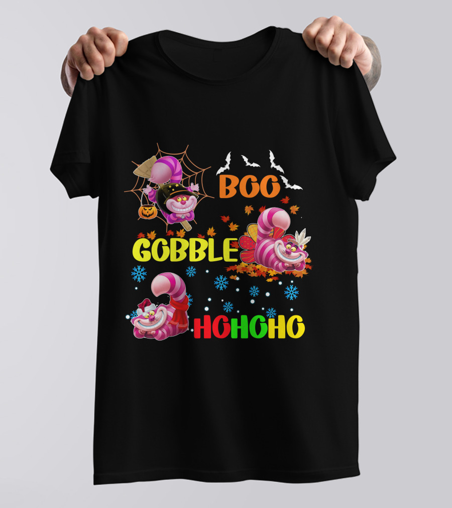 Cheshire Cat Boo Gobble HoHoHo HalloThanksMas T-Shirt