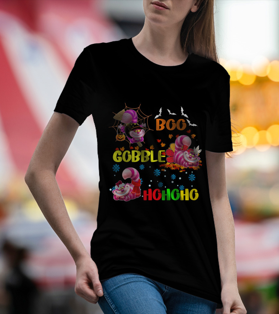 Cheshire Cat Boo Gobble HoHoHo HalloThanksMas T-Shirt