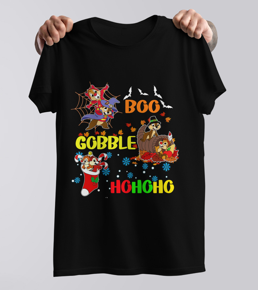 Chip And Dale Boo Gobble HoHoHo Halloween Thanksgiving Christmas T-Shirt