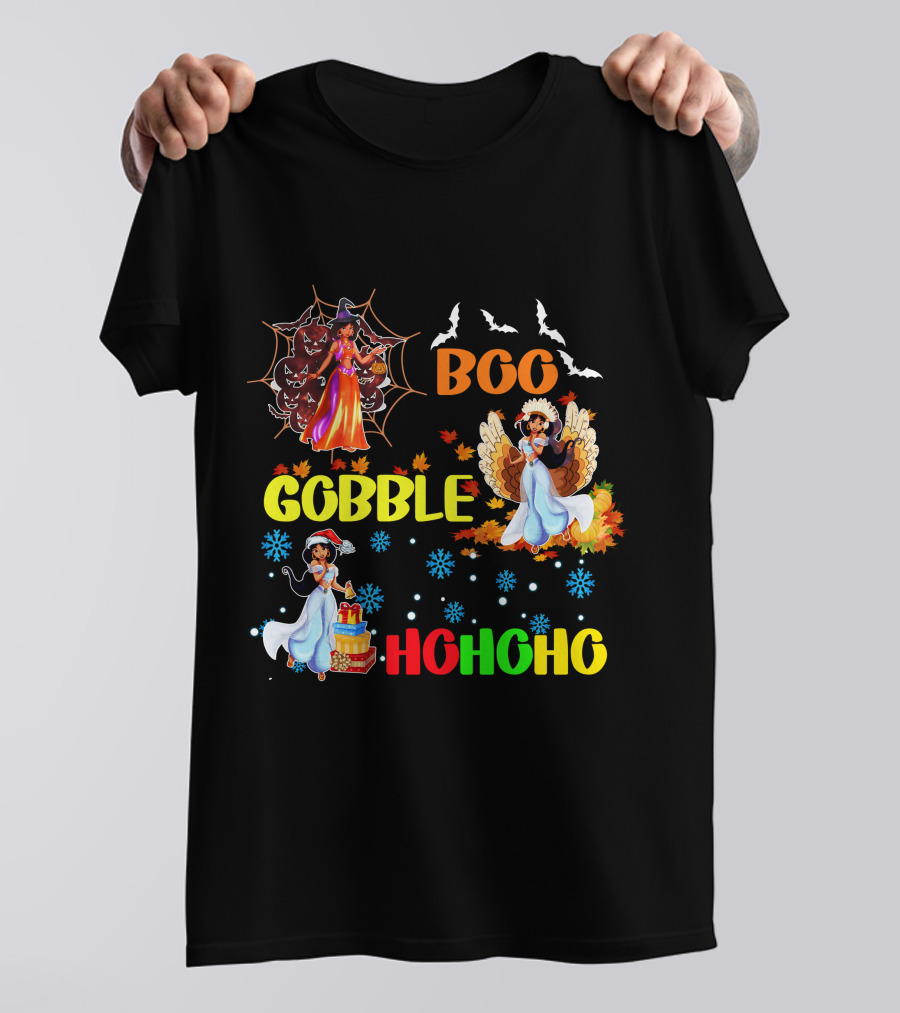 Jasmine Boo Gobble HoHoHo HalloThanksMas Bats Leaves Snowflakes T-Shirt
