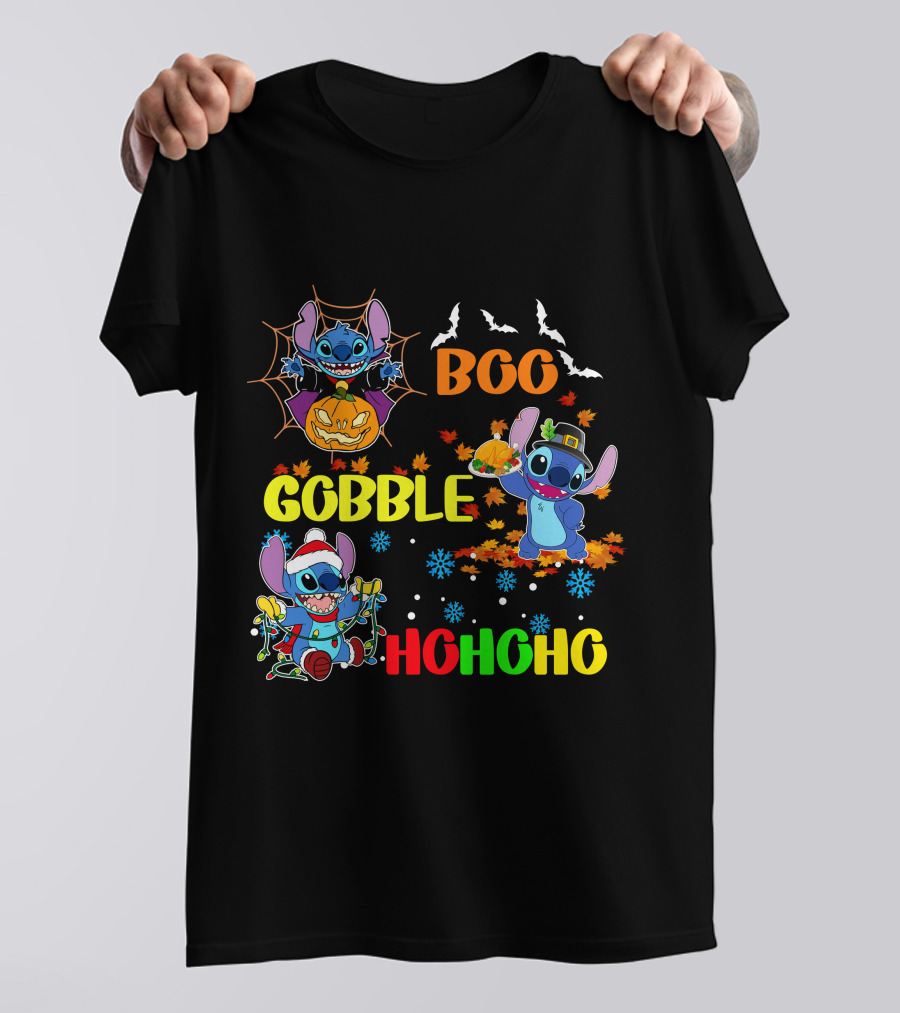 Stitch Boo Gobble Ho Ho Ho HalloThanksMas T-Shirt