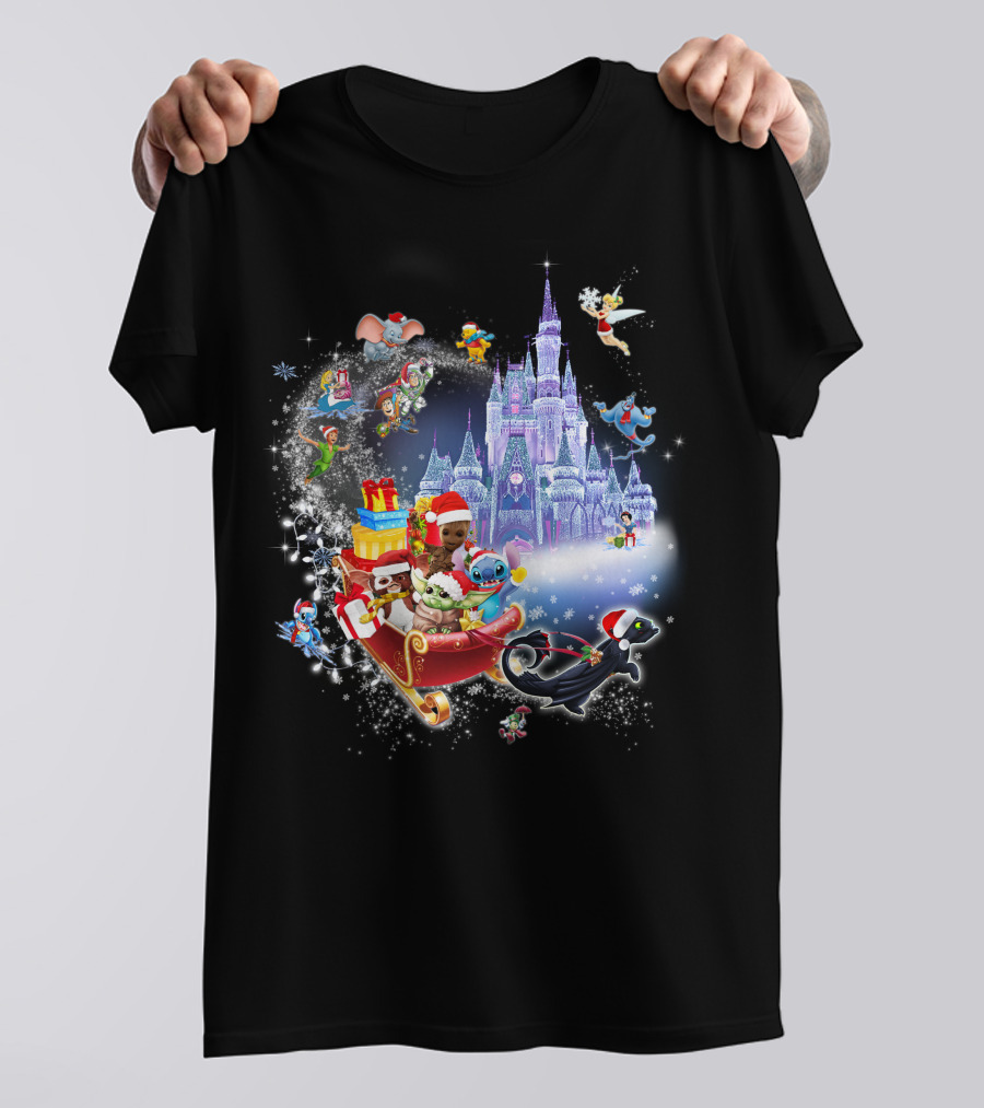Baby Yoda Christmas Disney Castle Santa Sleigh Tinker Bell Stitch Dumbo Gifts T-Shirt