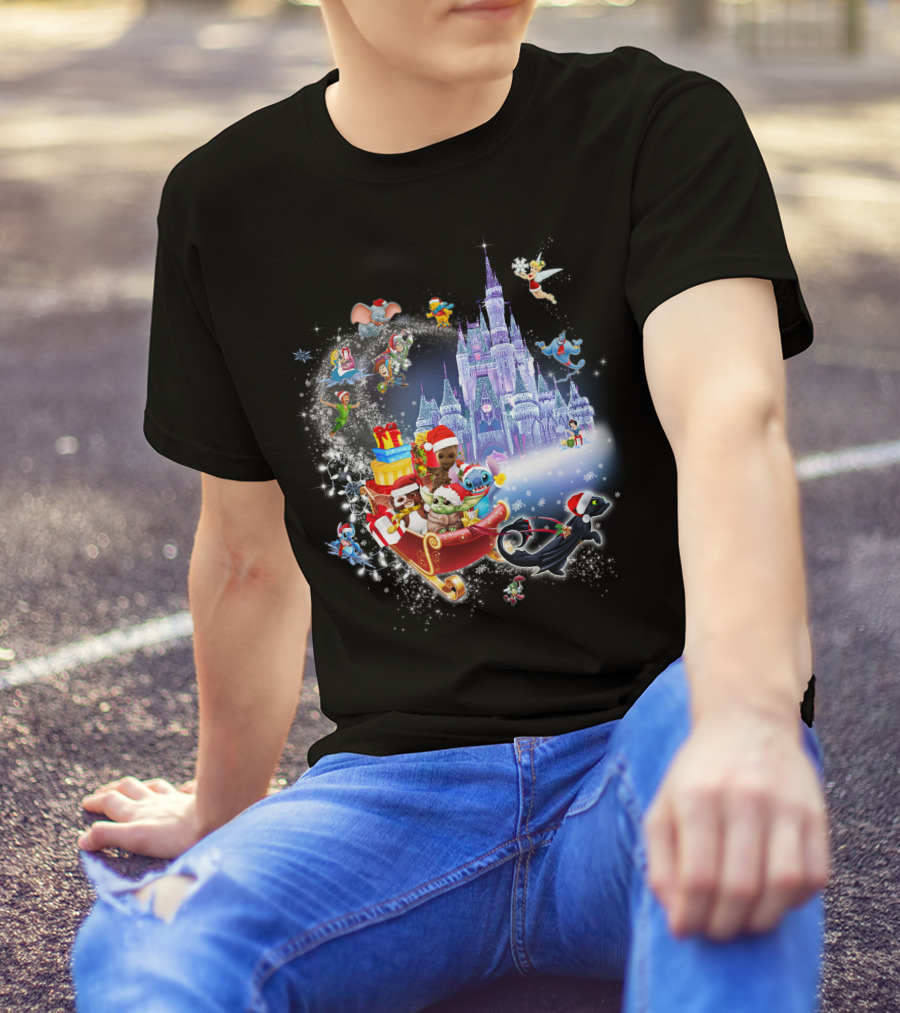 Baby Yoda Christmas Disney Castle Santa Sleigh Tinker Bell Stitch Dumbo Gifts T-Shirt