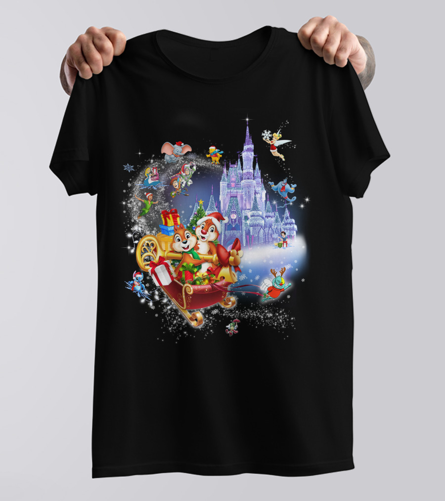 Chip And Dale Christmas Castle With Sleigh And Gifts T-Shirt