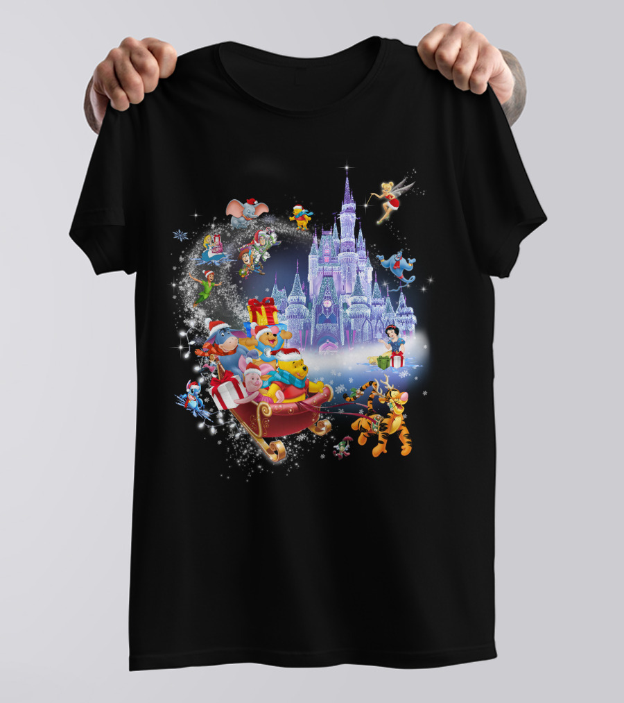 Pooh Christmas Disney Winter Wonderland With Castle And Characters T-Shirt