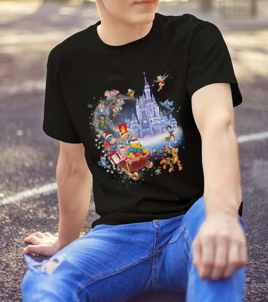 Pooh Christmas Disney Winter Wonderland With Castle And Characters T-Shirt