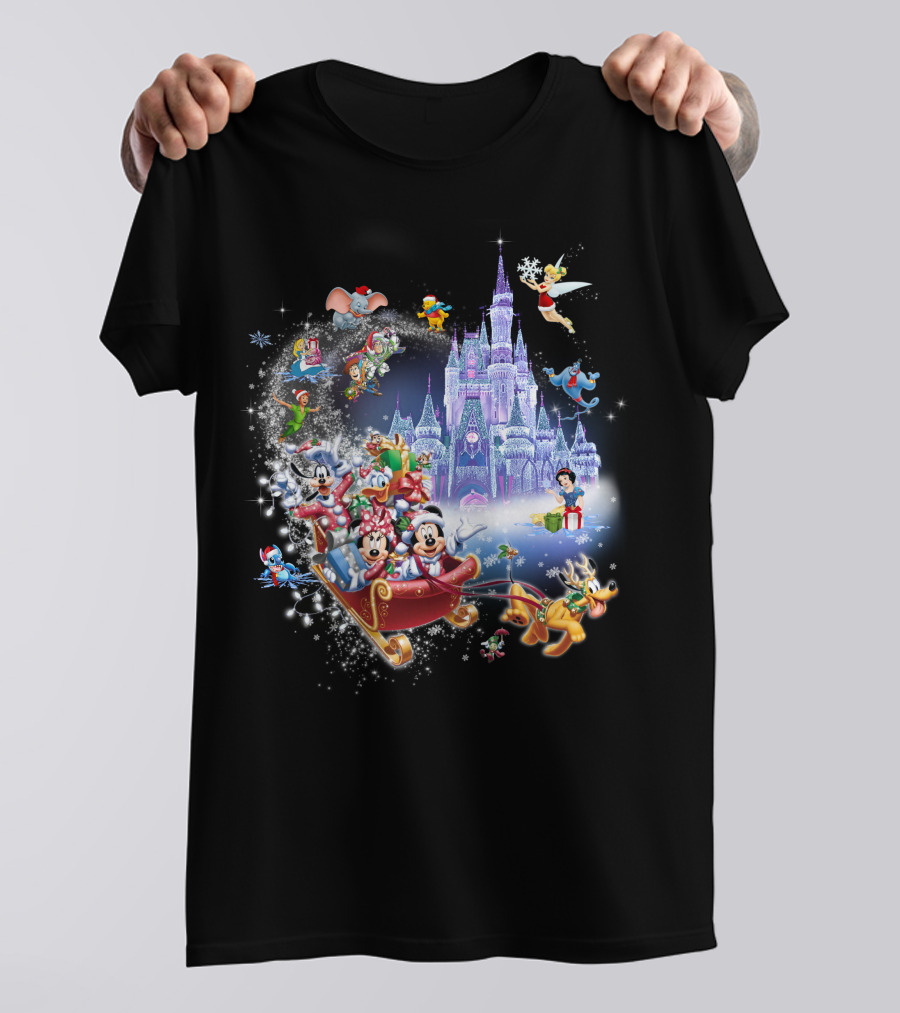 Mickey And Minnie Christmas With Castle, Disney Characters, And Winter Wonderland Holiday Scene T-Shirt