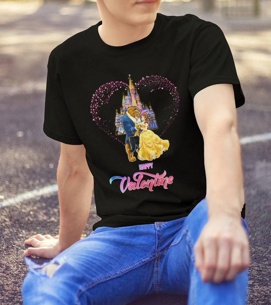 Happy Valentine Beauty And The Beast Castle Hearts T-Shirt