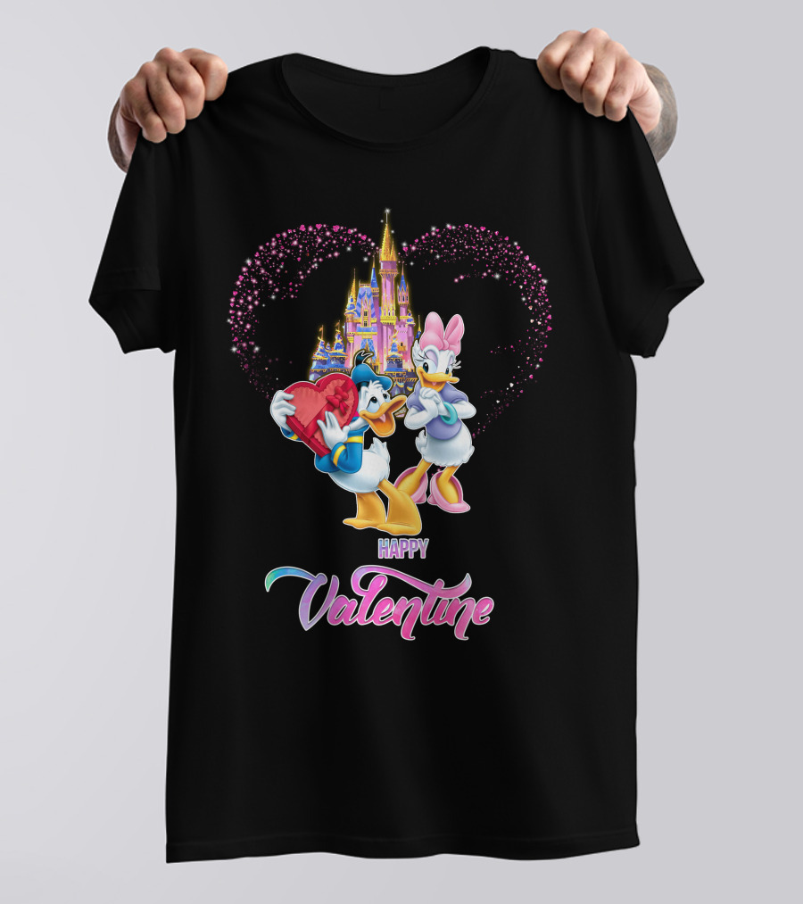 Happy Valentine Donald And Daisy With Castle Heart Background T-Shirt