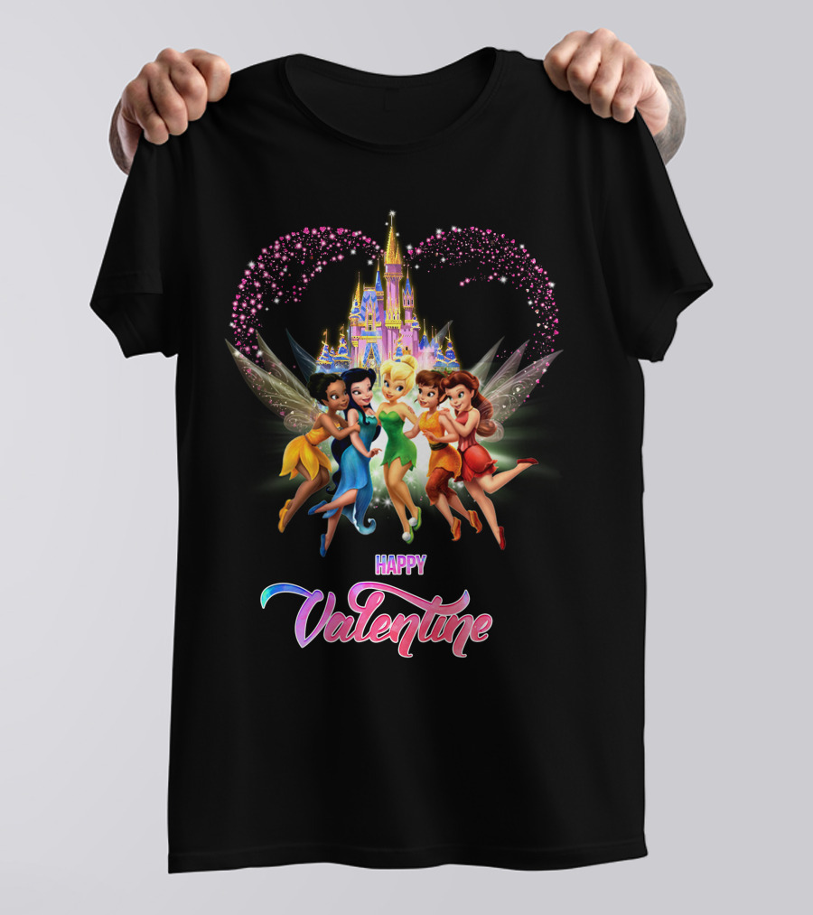 Happy Valentine Tinkerbell And Friends With Castle And Heart Magic T-Shirt