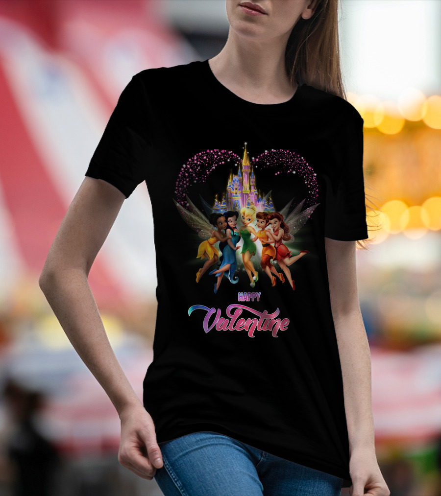 Happy Valentine Tinkerbell And Friends With Castle And Heart Magic T-Shirt