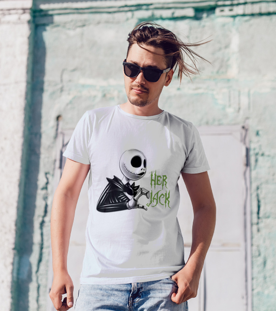 HER JACK SKELETON CHARACTER SKETCH BLACK AND WHITE GREEN LETTERING T-Shirt