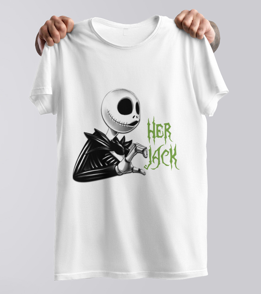HER JACK SKELETON CHARACTER SKETCH BLACK AND WHITE GREEN LETTERING T-Shirt