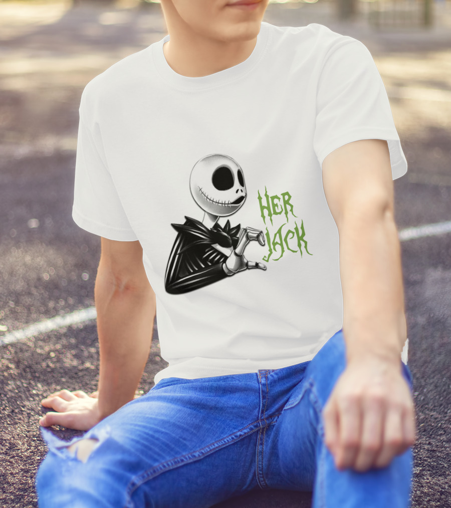HER JACK SKELETON CHARACTER SKETCH BLACK AND WHITE GREEN LETTERING T-Shirt