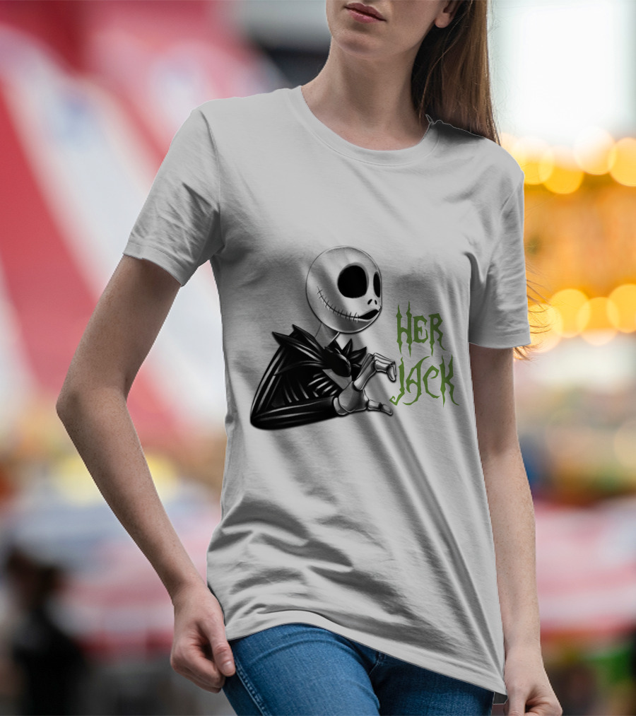 HER JACK SKELETON CHARACTER SKETCH BLACK AND WHITE GREEN LETTERING T-Shirt