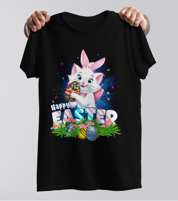 Happy Easter Marie Cat With Colorful Easter Eggs And Flowers T-Shirt