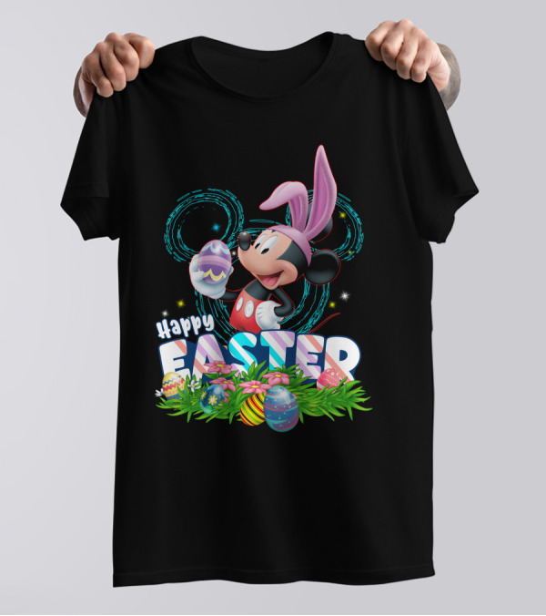 MK Happy Easter Mickey Mouse Bunny Ears Holding Colorful Easter Eggs In Grass T-Shirt
